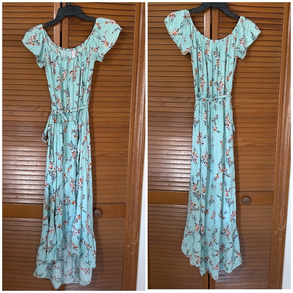 Off The Shoulder High Low Aqua Floral Belted Maxi Dress - Picture 2 of 6